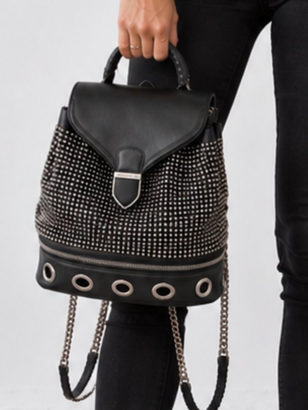 ALEXANDER MCQUEEN Legend Black Leather Studded Grommet Eyelet Small Backpack Bag